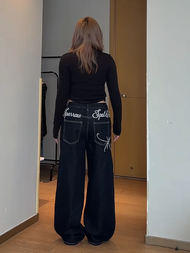

plus Size American Retro Letter Embroidery Straight Leg Jeans Women's Autumn Winter Loose Slimming Wide Leg Long Pants