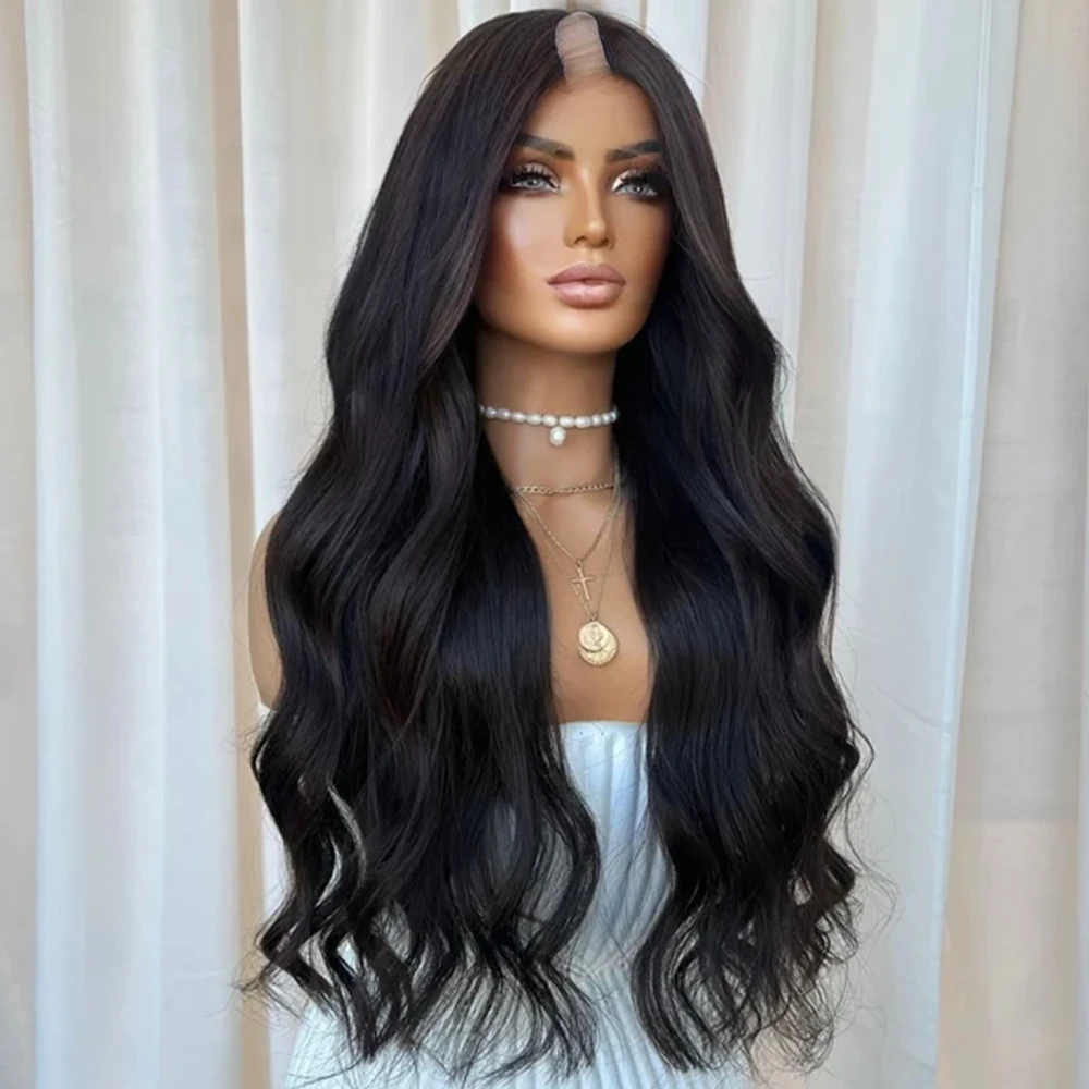 Black Indian Human Hair U Part Wig Cheap 1x4 Opening with 6 Clips Dark Brown Wavy Remy Hair Easy Install V Part Wigs for Women