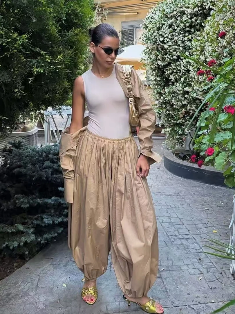 

Модный комплект: топ-жилет и брюки-фонарики, свободный повседневный костюм для женщин, брюки с высокой талией, длинные брюки