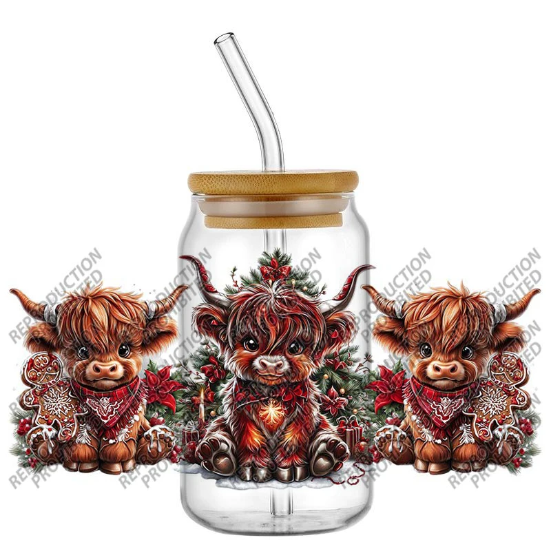 Christmas Santa Hat Highland Cow UV DTF Transfer Wraps Easy Apply Fade Proof for 16oz Glass Jar DIY Cup Stickers