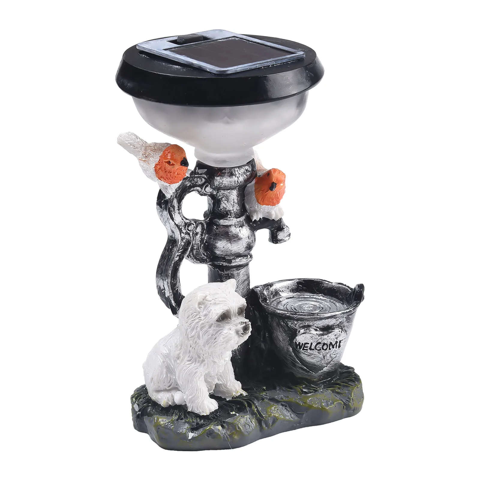 Solar Garden Light Resin Statue with Animated Kittens on Branches Below Bird and Heart-Outlined Base Saying Home Sweet Home