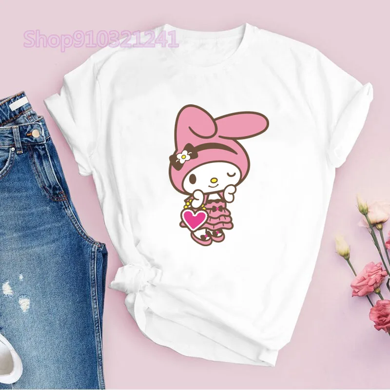 Camiseta My Melody para mujer, Camiseta estampada de dibujos animados, camiseta gráfica de Manga corta, ropa Kawaii de Manga