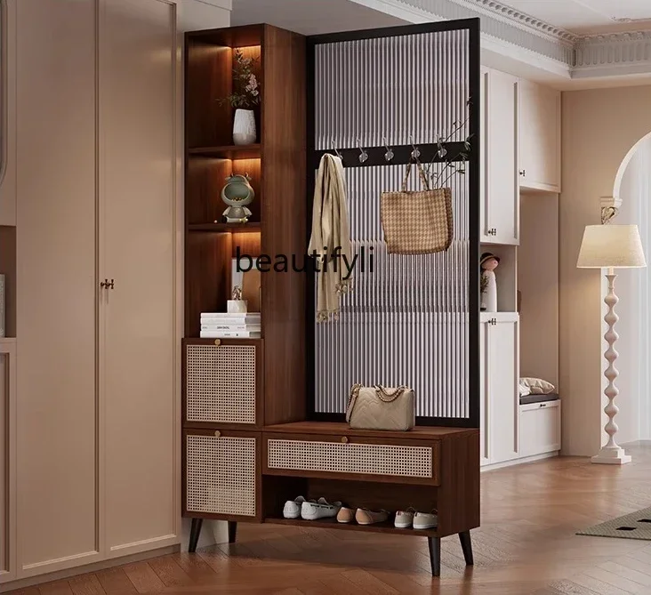 

Japanese-style rattan entrance cabinet, shoe cabinet integrated living room glass screen partition cabinet, foyer cabinet