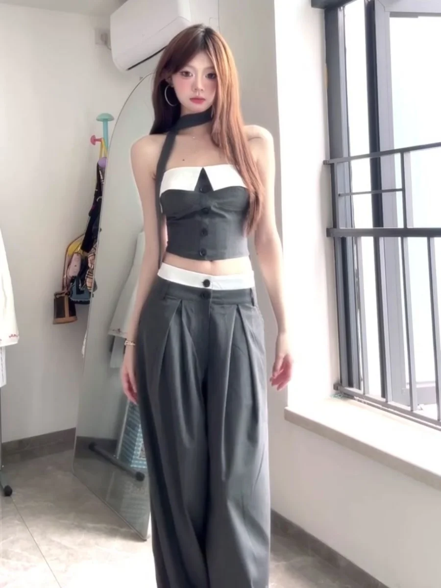 

Summer Casual Set Women's High Waist Loose Wide Leg Pants And Tube Top Outfit Contrast Color Bold Look Grey Fashionable Ensemble
