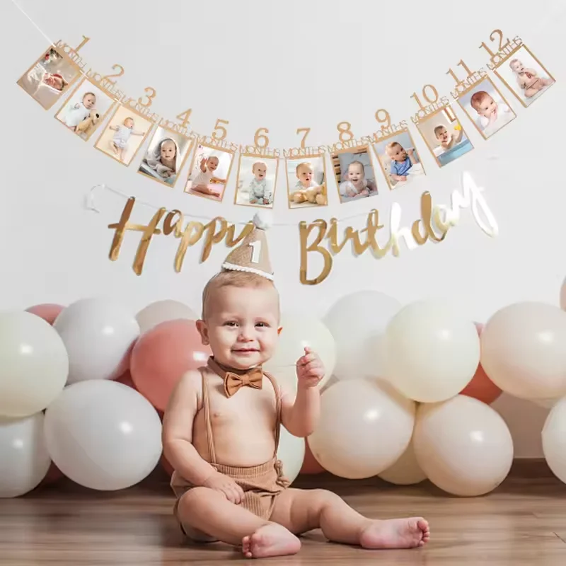 Baby Birthday Decoration Photo Banner 12 Months Kraft Banner Props Bunting Garland for Boy Girl 1st Birthday DIY Party Decor
