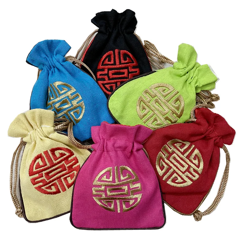 

Linen Cotton Small Drawstring Jewelry Bags High End Chinese style Embroidery Storage Pouches with Lined Sachet Perfume Gift Bag