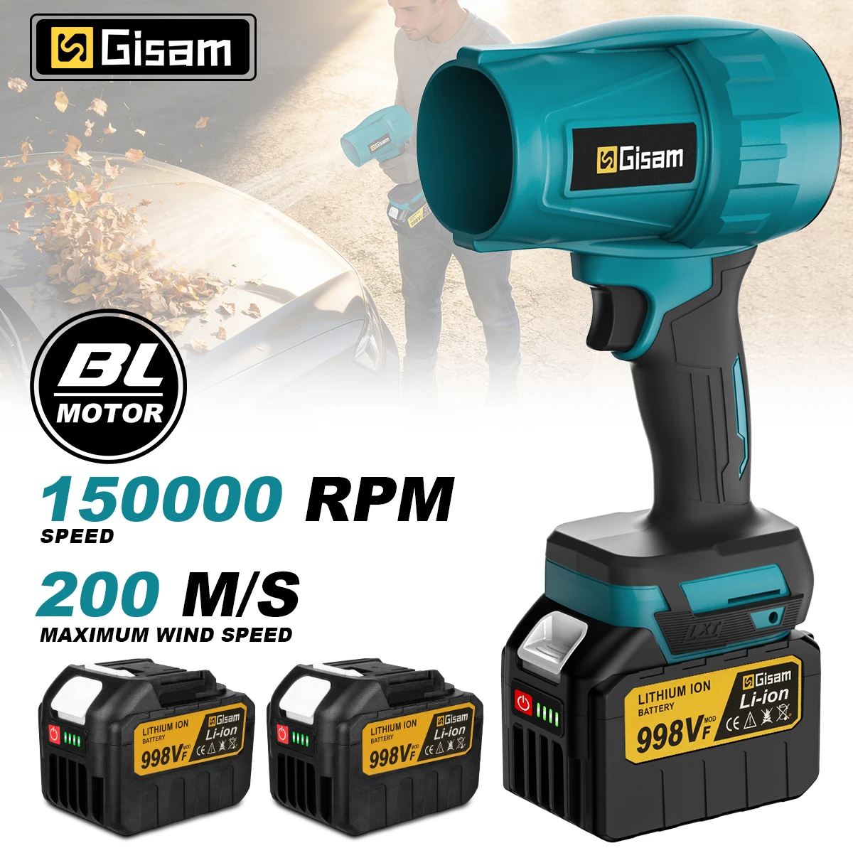 Ventilateur turbo électrique sans fil Gisam 150000RPM, souffleur d'air pour feuilles, souffleur de neige et de poussière, compatible avec les batteries Makita.