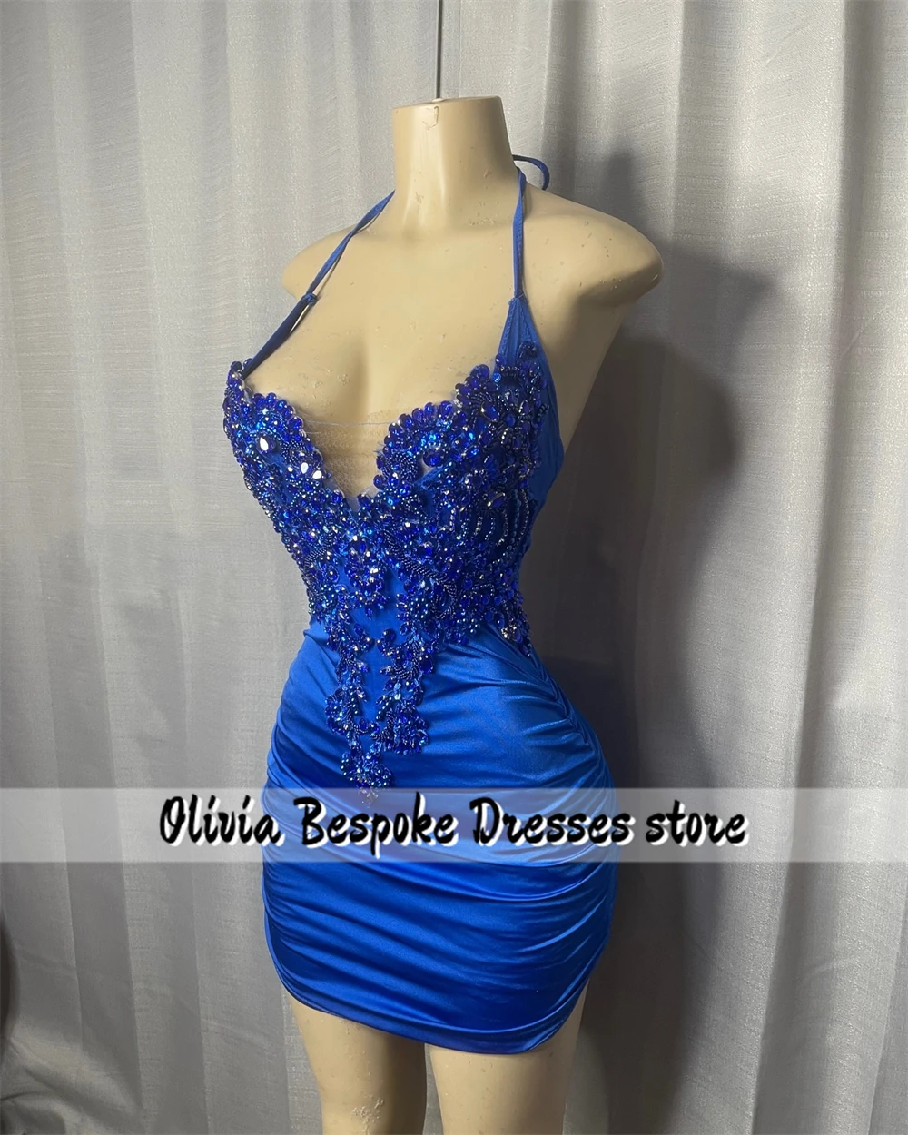 King Blue Halter Mini Cocktail Prom Dresses Luxury 2024 Beaded Rhinestones Homecoming Dress Black Girls Birthday Party Gowns