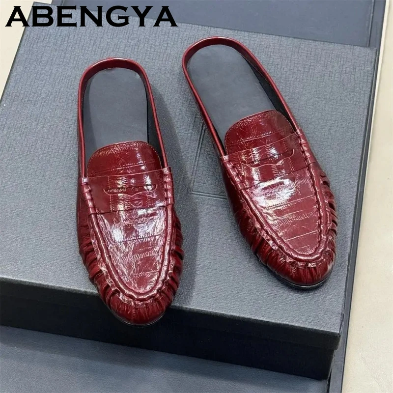 2026 Summer Real Leather Flat Sole Half Slippers Women Retro Round Wrap Toe Slip On Lazy Mules Casual Beach Slides Shoes Female