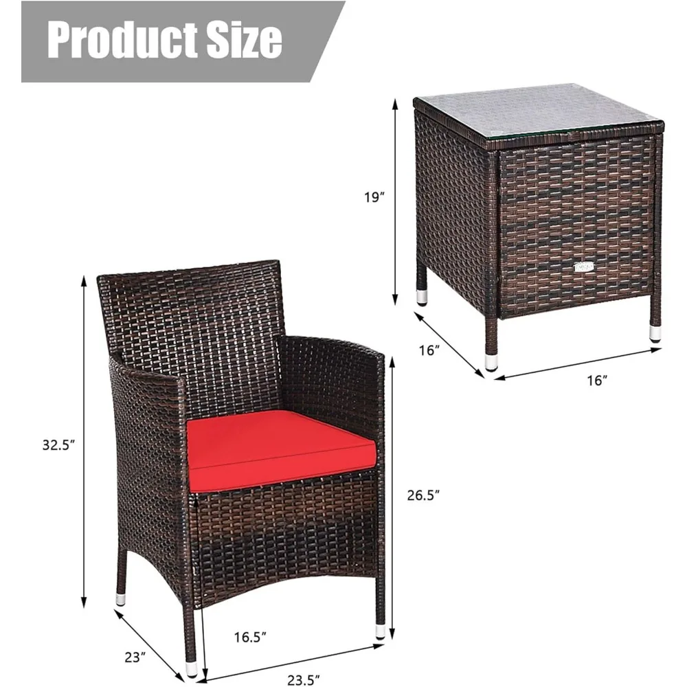 مجموعة أثاث الفناء المكونة من 3 قطع، مجموعة محادثة الروطان الخارجية مع طاولة القهوة والكراسي والوسائد السميكة، مقطعية للفناء