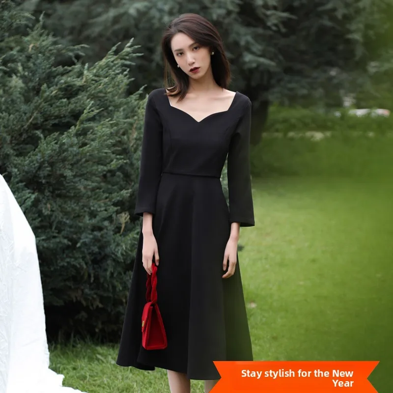 

New Vintage Women's Black Slimming V-Neck Nine-Quarter Sleeve Dress Midi Dress Commute Style High Waist Polyester Fiber