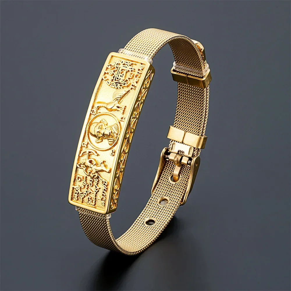 Vintage Stainless Steel Buddha Series Dragon Borui Bracelet Men's Adjustable Wristband Bangles Religious Wish Protector Jewelry