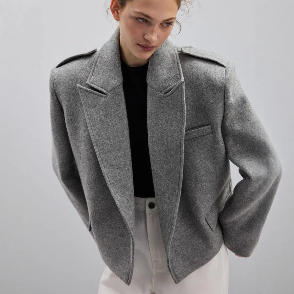 سترة نسائية للخريف من الصوف بلون واحد وياقة على شكل طية صدر وأكمام طويلة وجيب معطف نسائي دافئ للتنقل اليومي ملابس خارجية للإناث #3