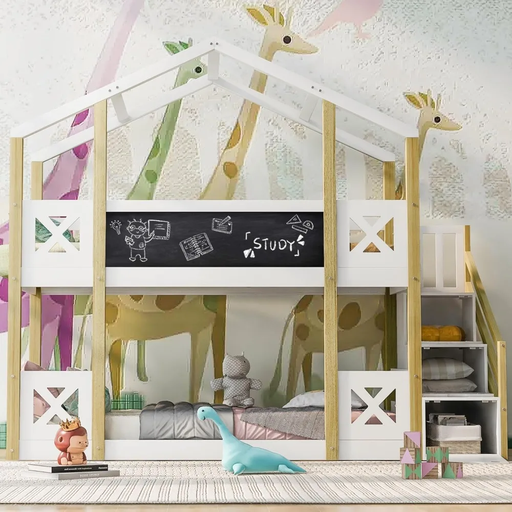 سرير بطابقين مزدوج للأطفال بتصميمات هاربر آند برايت مع درج تخزين وألواح سوداء، سرير بطابقين خشبي مزدوج فوق توأم، بطابقين منزلي #4