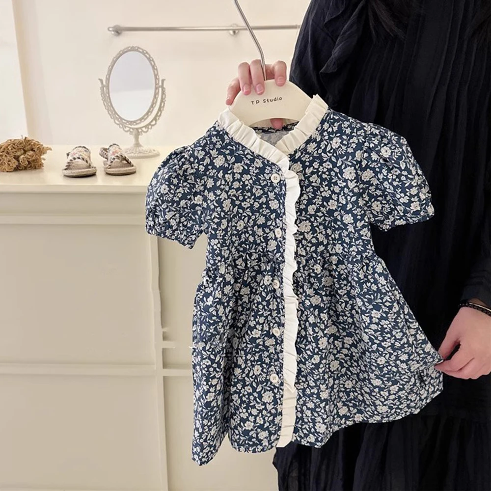 

2-5y Girls' Dress Vintage Floral Pleated Dress Princess Dress Stand Collar Navy Blue Elegant Single Breasted Clothes Full Print