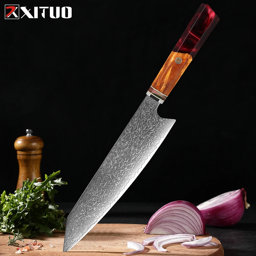 XITUO Japanese Chef Knife 8 inch Damascus Steel Sharp Kiritsuke Kitchen Knife, Pro Gyuto Knife Resin stabilised wood Handle