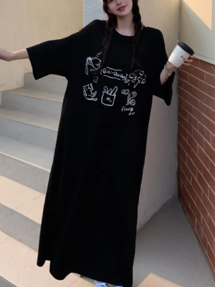 ฤดูร้อน Oversize พิมพ์ T เสื้อผู้หญิงขี้เกียจ Oaf ชุดผู้หญิงเกาหลีหลวม Elegant Vintage สุภาพสตรีชุดผู้หญิง Vestidos