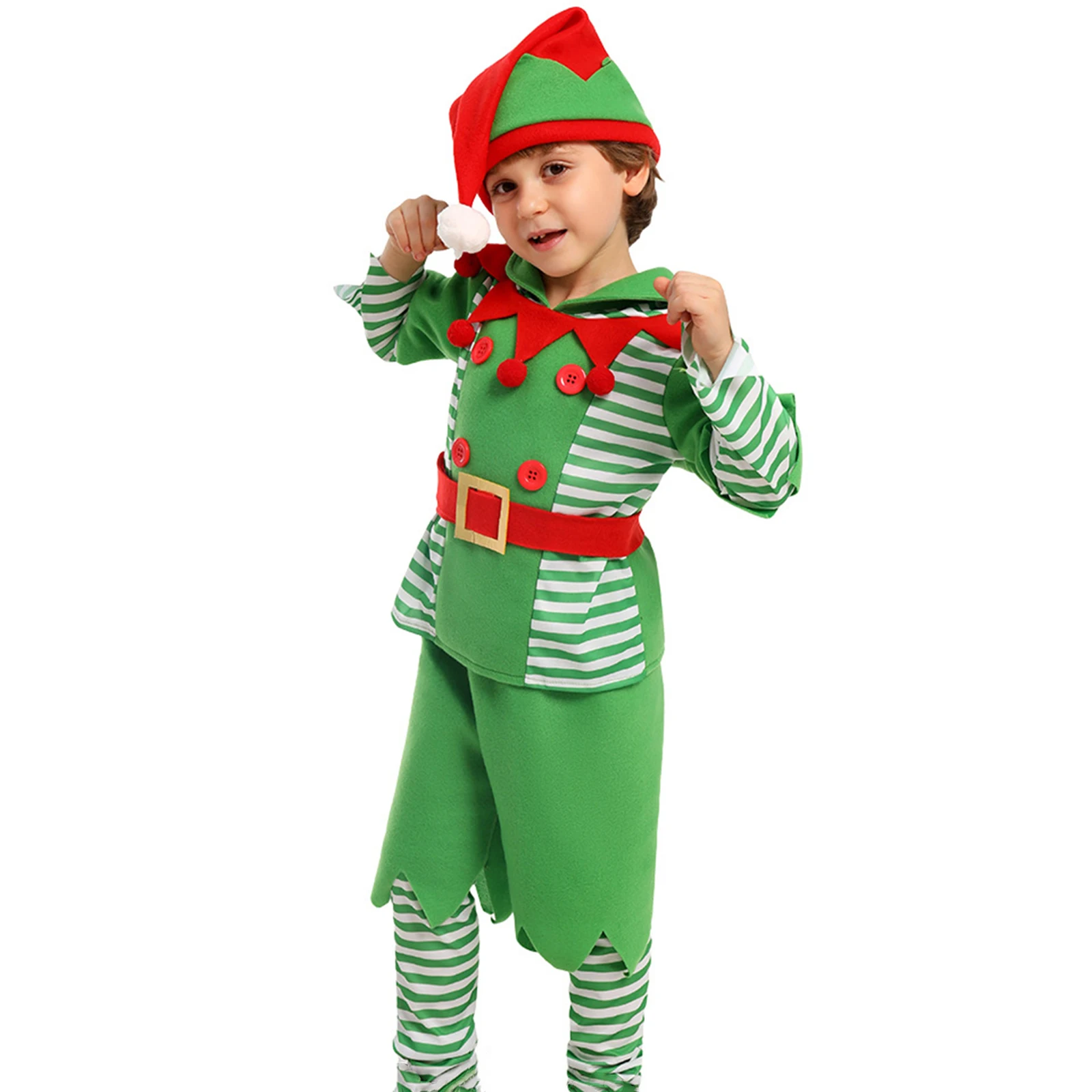 HEZIOWYUN Langarm-Tops + solide Shorts + gestreifte Beinwärmer + Gürtel + Hut Weihnachten Halloween Party Kid Elf Cosplay Kostüme Set