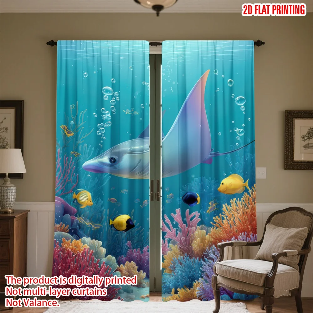 

2D flat printing 2pcs Window Curtains Manta Ray and Coral Reef Digital Printed Polyester Drapes Party Decorations for Holiday