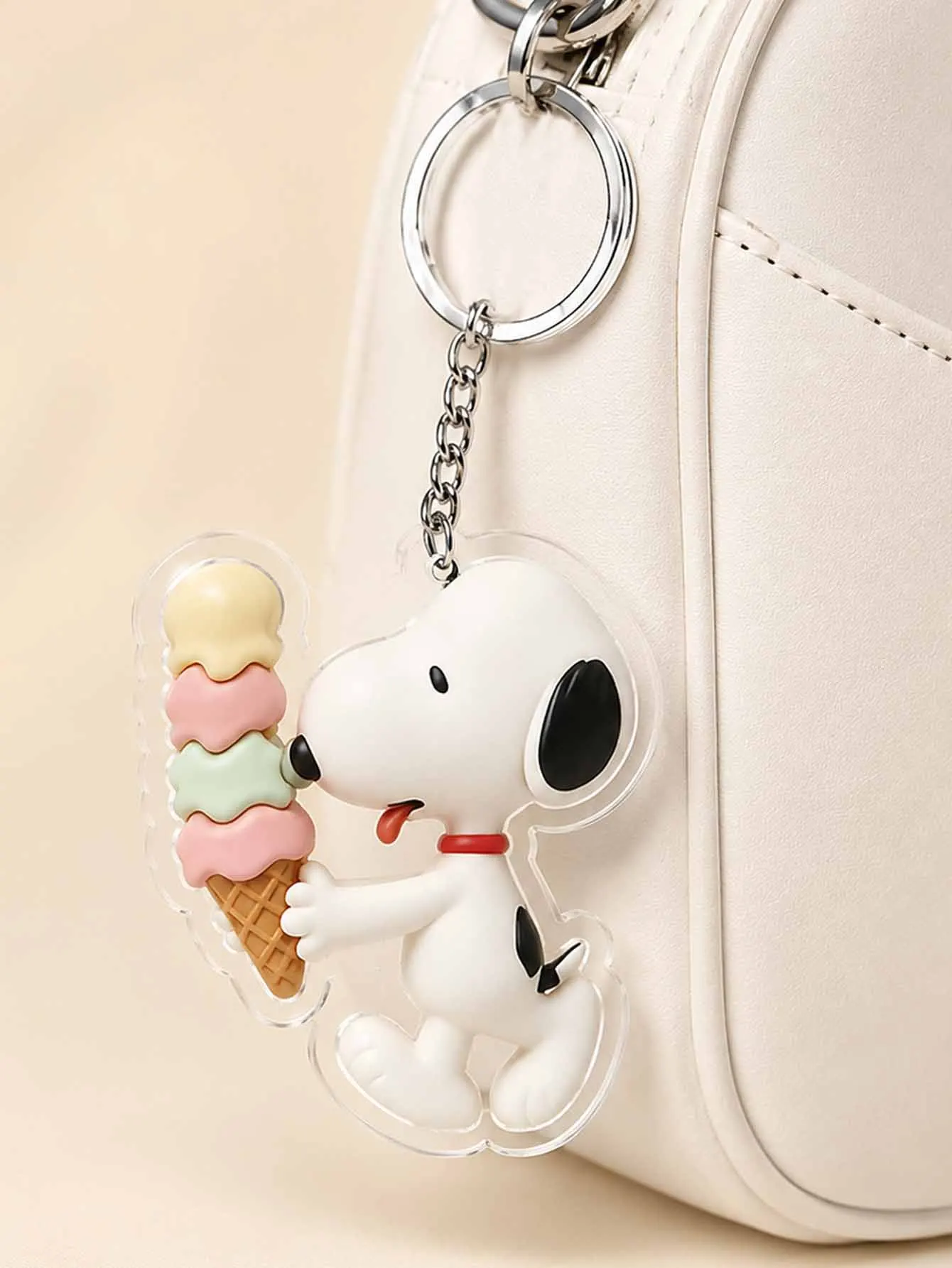 Snoopy  Cute Cartoon Dog With Ice Cream Acrylic Keychain Backpack Bag Pendant Metal Ring Key Holder Fashion Gift For Kids