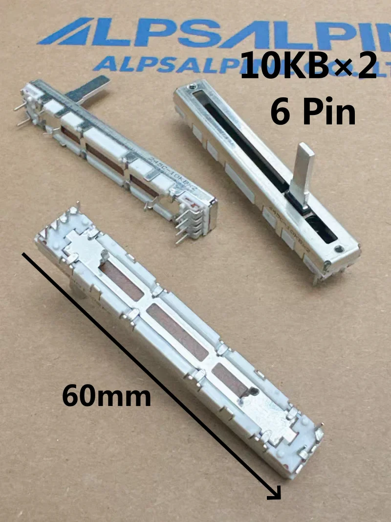 1pcs，Straight slip potentiometer，10KB×2，6Pin，Total length 60mm，APC40MK2，Mixing console volume putter