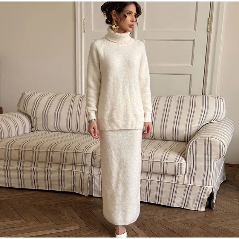 Damenrock 2-teiliges Set, gestrickter Rollkragenpullover mit langen Ärmeln, gerade lange Röcke, schicke einfarbige Outfits für Frühling und Herbst. – Detail 10