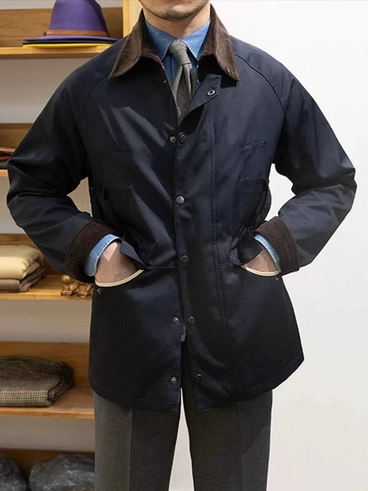 Vintage Hunting Jacket Trench Men Fall Winter Navy Corduroy Paneled Utility Coat Outdoor Multi-Pocket British Tailored Jacket