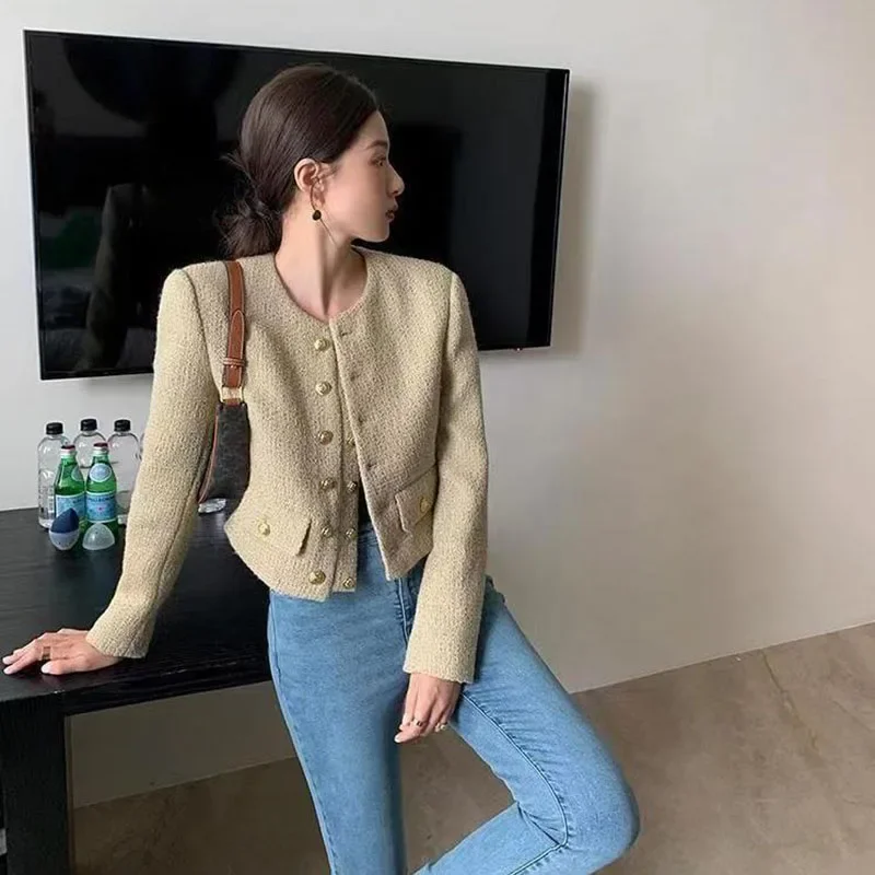 Lucyever Vintage Women\'s Tweed Jackets Elegant Chic Double-Breasted with Pocket Jacket Ladies Korean Fashion O-Neck Short Coat