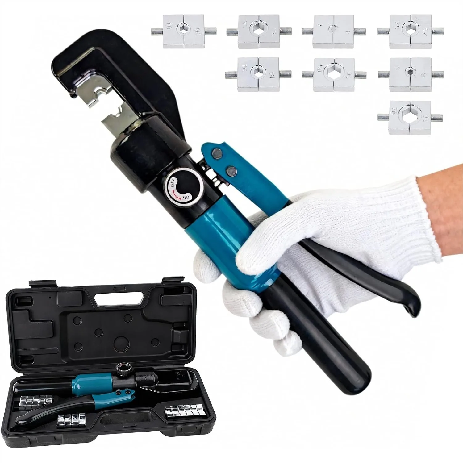 

Hydraulic Crimping Tool for Battery Welding Cables, 1/8" Wire Rope Crimper with 9 Die Sets (12 AWG to 2/0 AWG), Heavy Duty