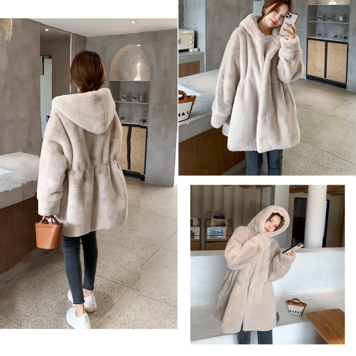 여성 인조 토끼털 코트 퍼리 아우터웨어 롱 오버코트 후드 롱 슬리브 오픈 스티치 두꺼운 재킷 Y2k 2025 가을 겨울