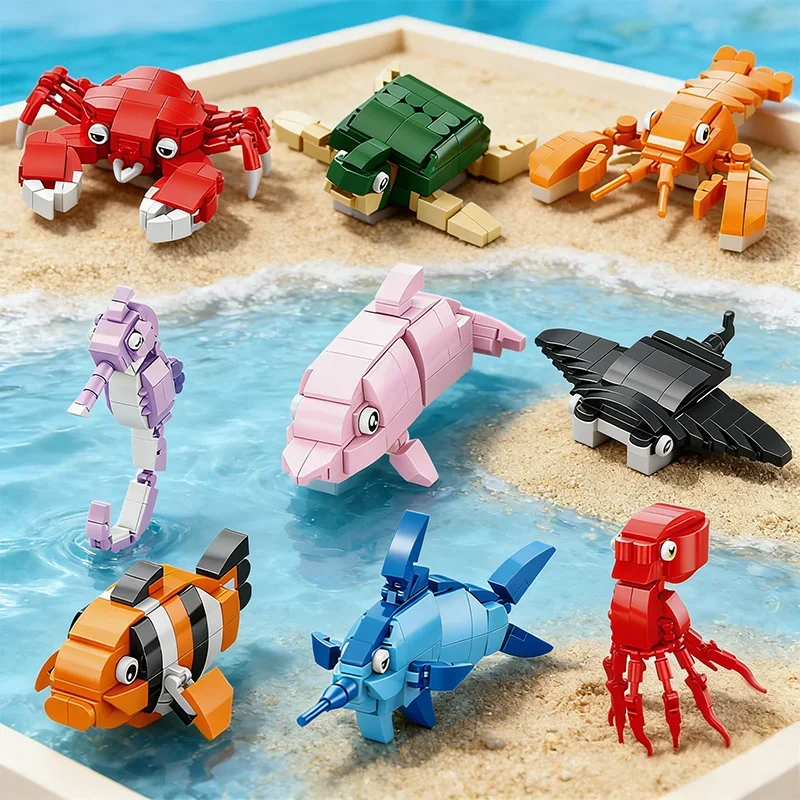 Sea Life Theme MOC Ocean Animal Building Blocks Set - DIY Creative Dolphin & Shark Bricks Toy for Kids Desk Decor Gift
