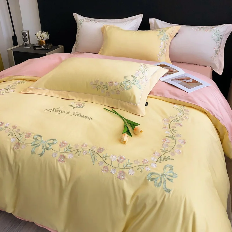 

New High-End Simple and Light Luxury Skin-Friendly Cotton Four-Piece Set Simple Embroidery Bedding Lily