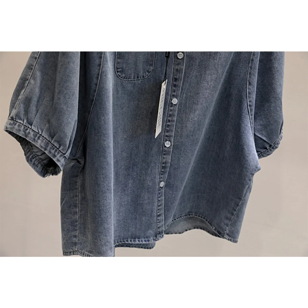 Women\'s Denim Shirts Solid Soft Thin One Breasted Loose Shirt Lantern Sleeve Lapel Collar Casual Versatile Female Jean Blouse