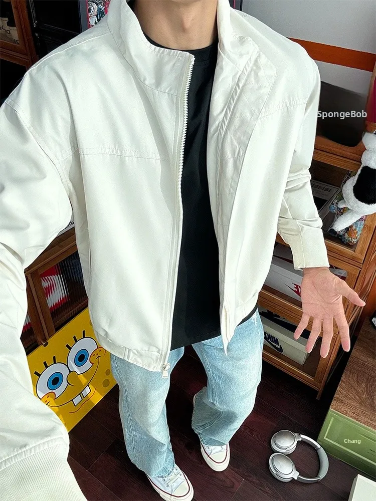 

Мужская осенняя куртка-бомбер оверсайз с воротником-стойкой, белая, в американском стиле, для работы и повседневной носки, модная, трендовая