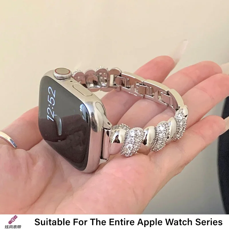 Correa de pulsera de joyería de circón de lujo para Apple Watch Band mujer 38-49mm iWatch Series 10 9 8 7 6 5 4 3 2 SE Ultra espiral de cobre
