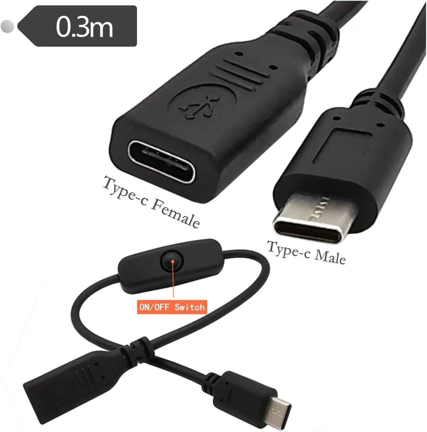 3A 30V USB 3.1 Type-C Male to Female USB Power Cable with On/Off Switch Type C Extender Push-in Key Switch Cable 30CM
