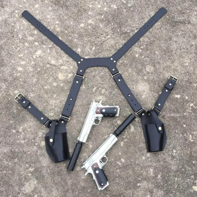 Funda de hombro para pistola doble Steampunk, soporte de pistola de cuero PU, bolsa de arnés, agente Hitman 47, accesorios de disfraz de vaquero pirata