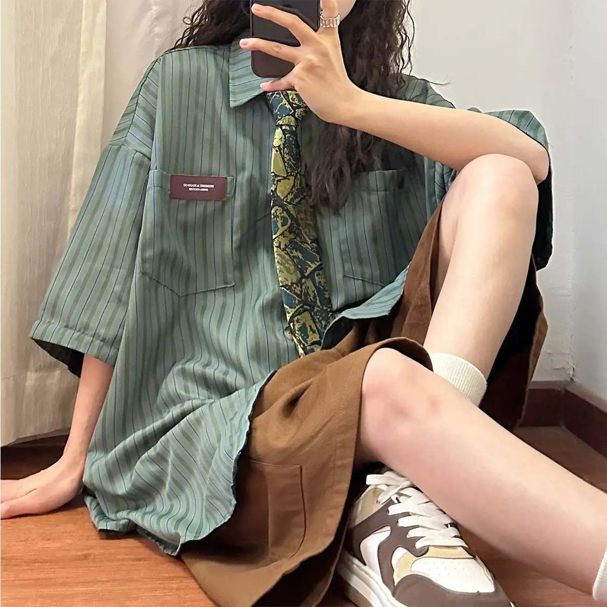 Summer New Vintage Loose Stripe Women Shirt Casual Unisex Short Sleeve Shirt Fashion Pocket Single Breasted Female Blouse Tops