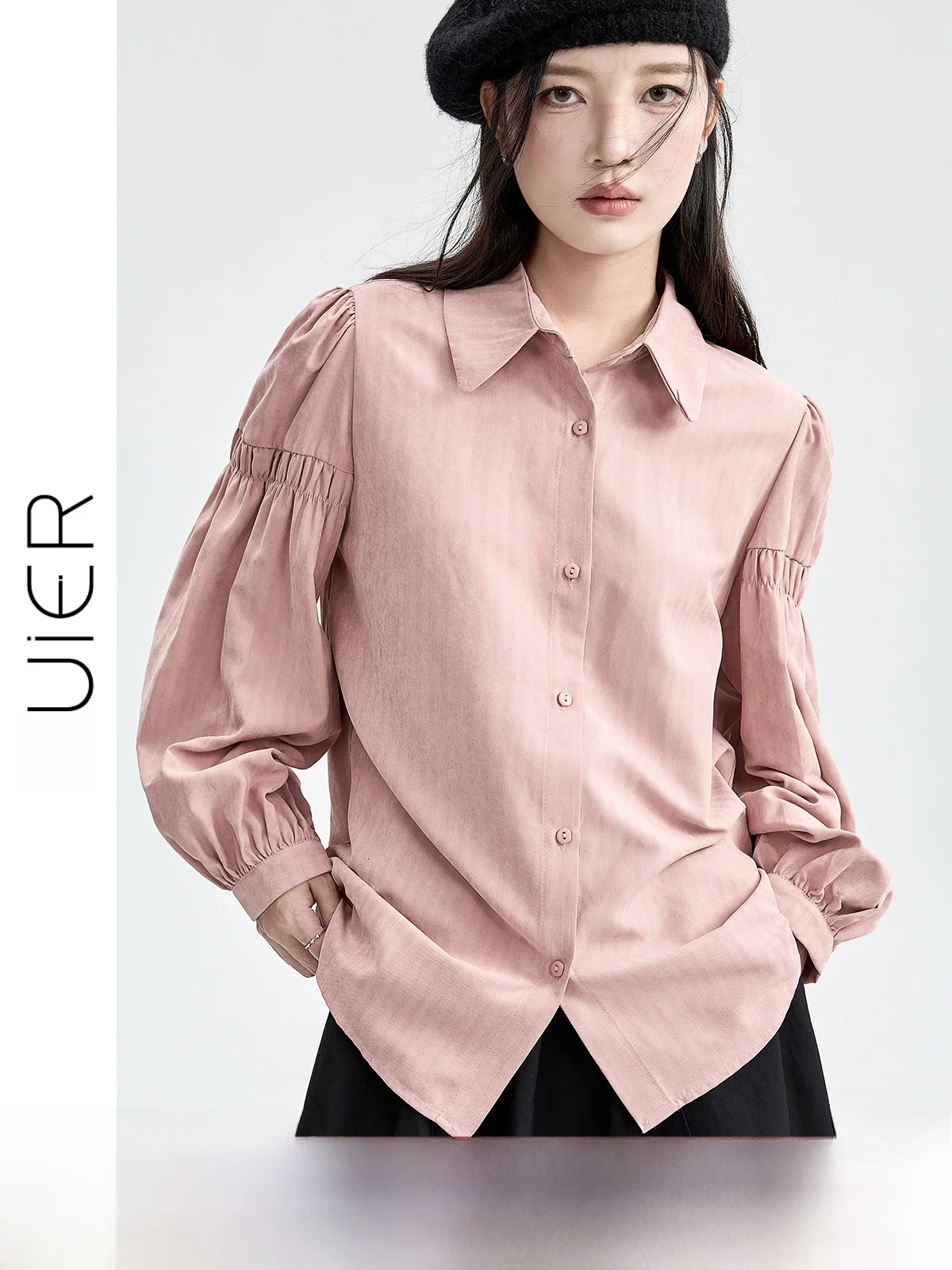 

Pink Bubble Sve irt Women's New 2026 Splicing Pleated High-End Design Sense irt Casual Sle Loose Fit Long Sve Pol...