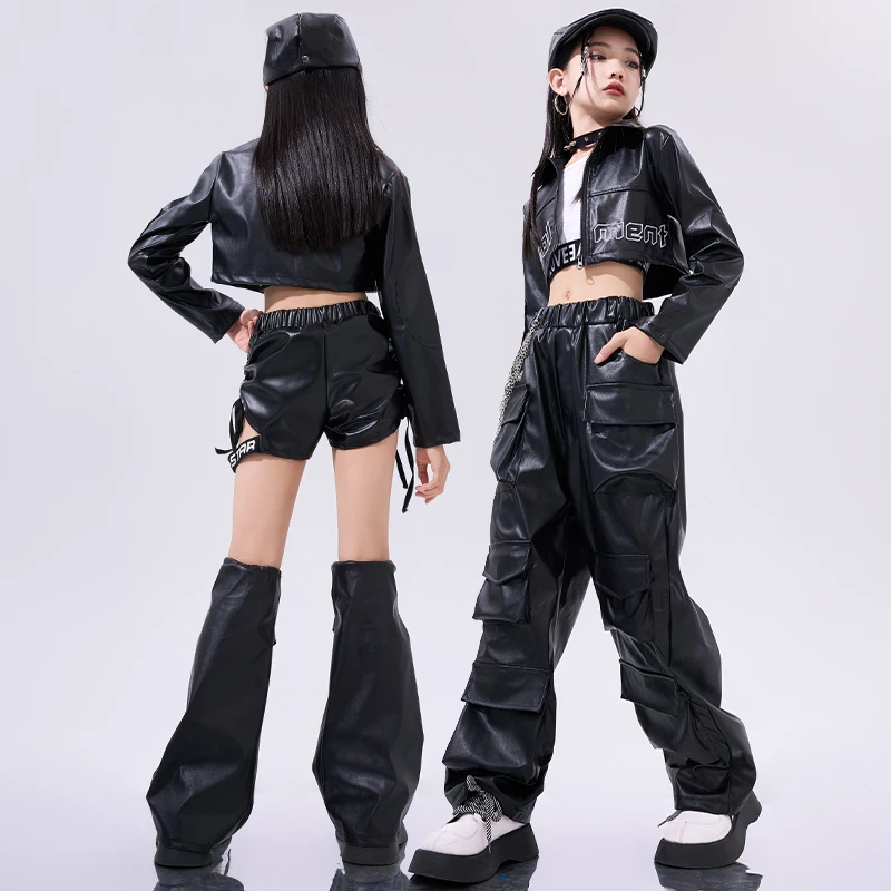 Cool Girls Hip Hop Dance Costume Black Leather Short Jacket Pants Kids Modern Jazz Performance Clothes Stage Outfit Rave BL13719