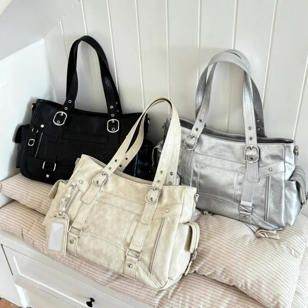 Trendy Motorcycle Style Tote Bag Women Pu Leather Handbag Large Capacity Streetwear Shoulder Crossbody Bag Designer