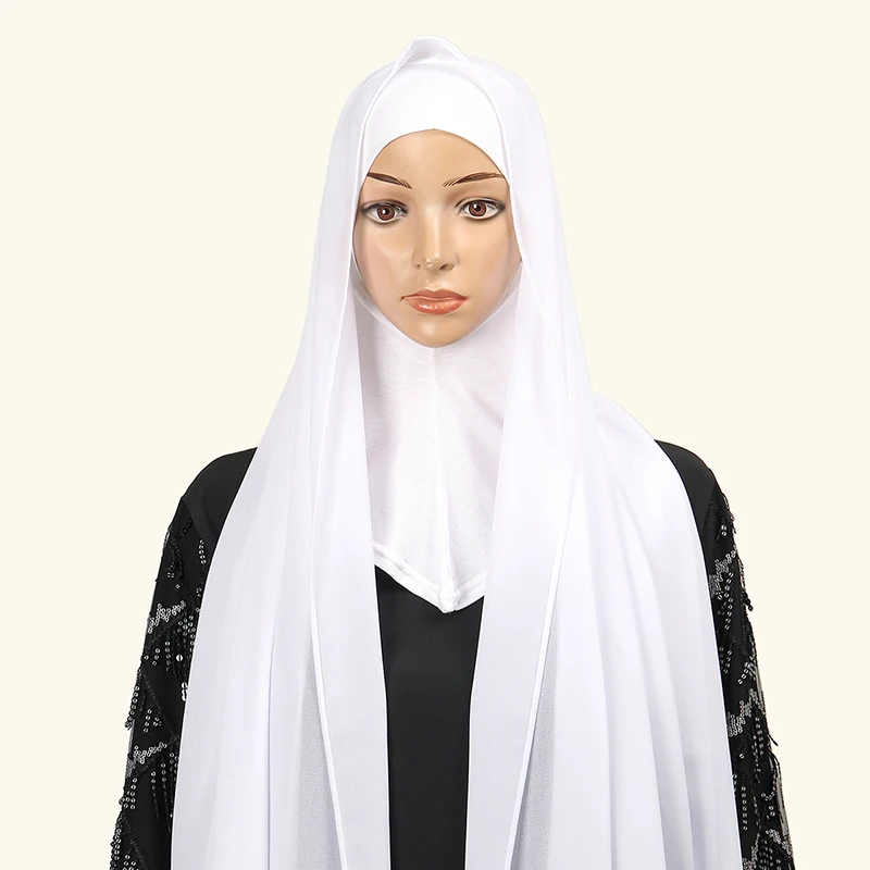 2/Pcs Chin Cap With Chiffon Scarf Women Hijab Solid Color Long Wraps Simple Ladies Bandana Cotton Bonnet And Chiffon Scarf Set