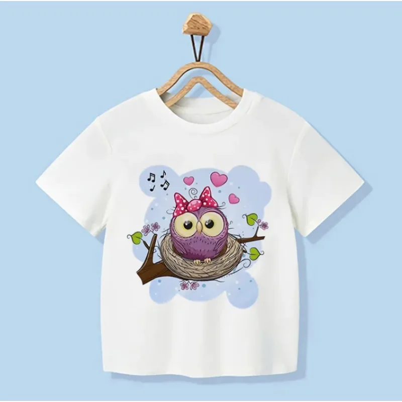 Summer Cute Animal Owl Girls and Boys Clothes Toddler Tees Kids Short Sleeve Shirt Birthday Child Outfit