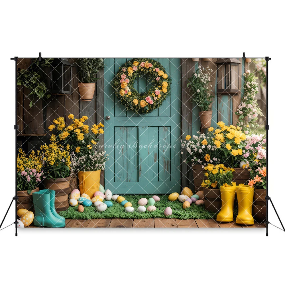 Easter Egg Rustic Barn Door Background Kids Child Photocall Decors Adult Baby Props Wreath Floral Photography Studio Backdrop