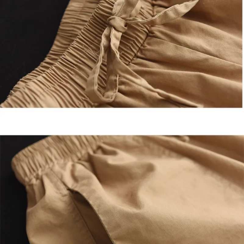 2025年夏 レディース コットンリネン カジュアル オルトス エラスティックウエスト ベルト付き スリム ワイドレッグパンツ 無地 五分丈