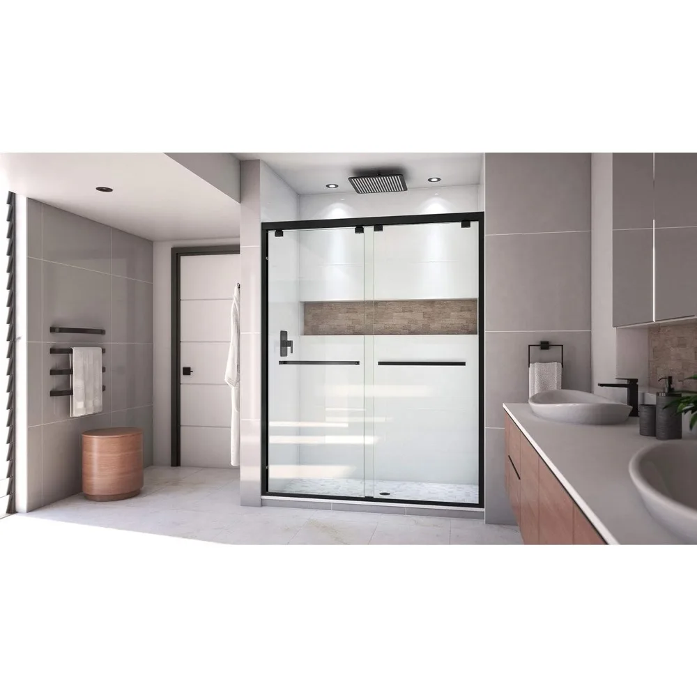 Semi-frameless bypass sliding shower door, black satin, 56-60 x 76,5/16 inches wide. (8 mm) transparent tempered glass