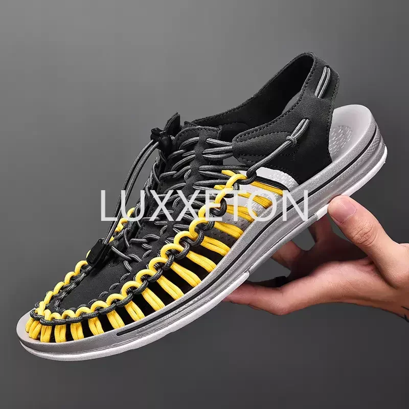 2024 New Leisure Men\'s Spring/Summer Knitted Sandals Fashionable and Trendy Beach Shoes with A Headband and One Step Lazy Shoes