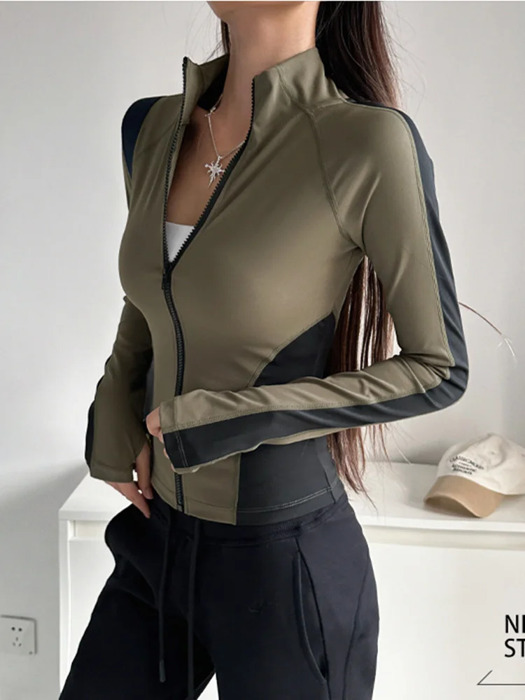 

Women's Sport Jaet Autumn Winter New Zipper Collar Patchwork Color Tight Qui Dry Running Fitn Yoga Top Ocnltiy Brand