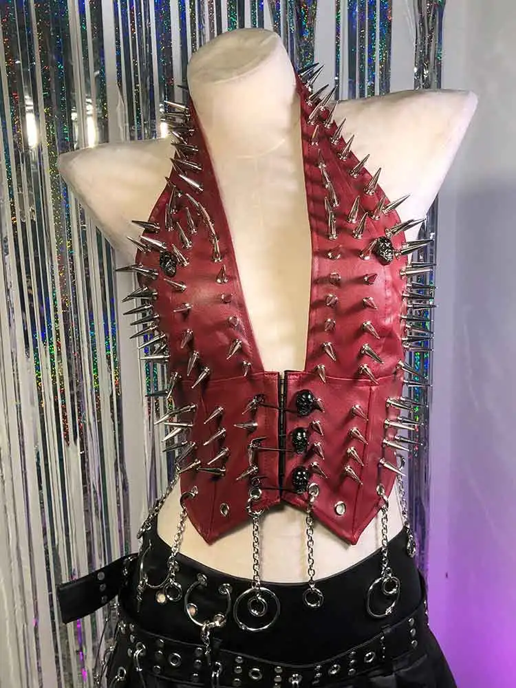 

Grunge Kawaii Punk Rock Harajuku Y2K Halter Camisole TOPS Pin PU Leather Rave Outfits 90s Emo Goth Studded Rivet Street Wear