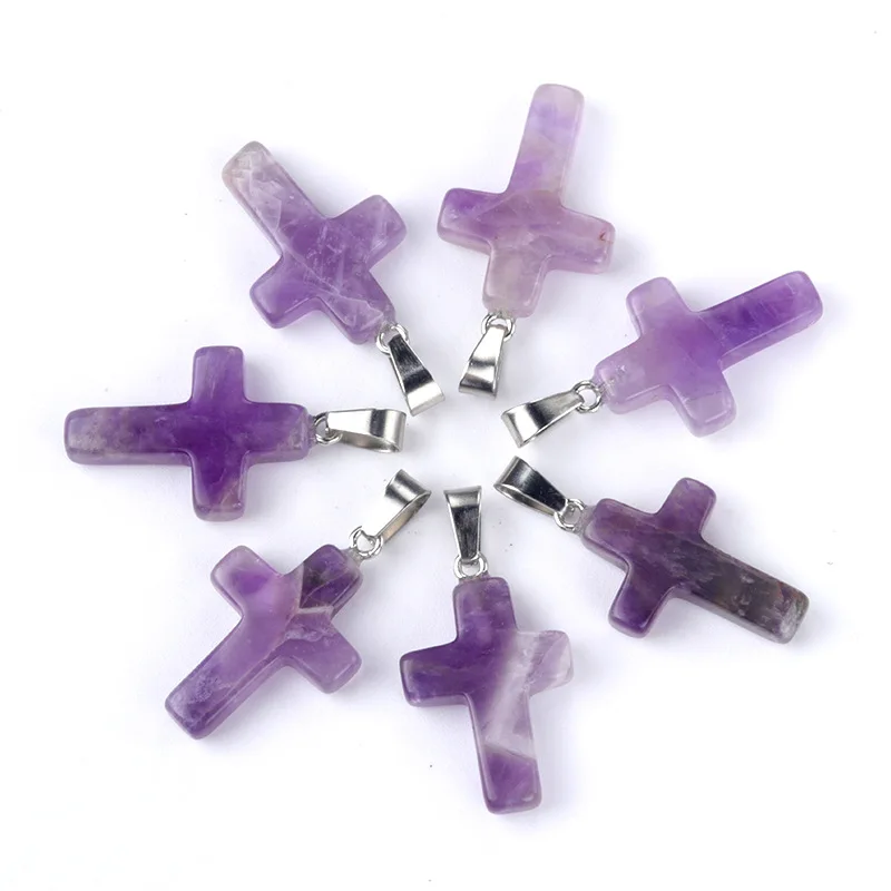 5pcs Natural Stone Pendant Cross Shape Rose Quartz Amethyst Pendant Reiki Healing for Making DIY Jewerly Necklace 18x25mm